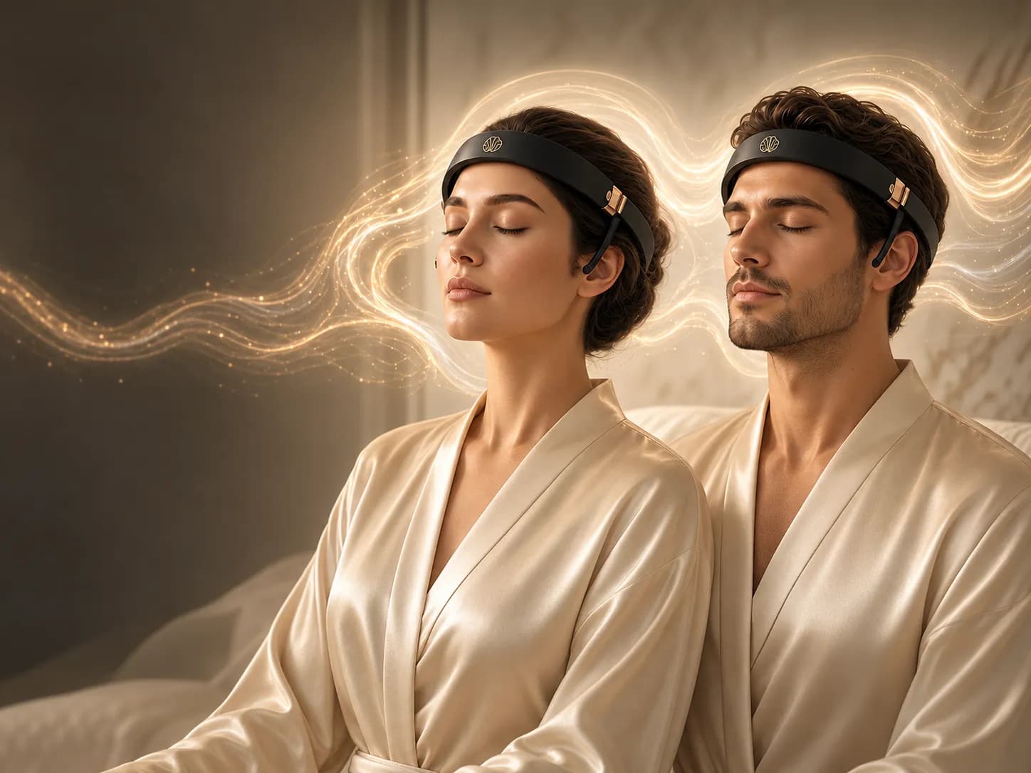 Two people meditating with EEG headbands, surrounded by golden light waves